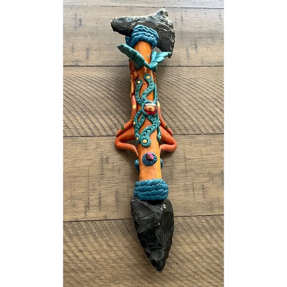 Vintage Mexican  Aztec Warrior Deity Obsidian Sacrifical Axe & Knife Gem Stones - Picture 5 of 9